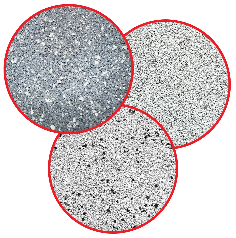 Gros plan sur les granulés de bentonite blanche calcique naturelle et de bentonite grise au charbon actif utilisés dans la litière agglomérante pour chat Petsand