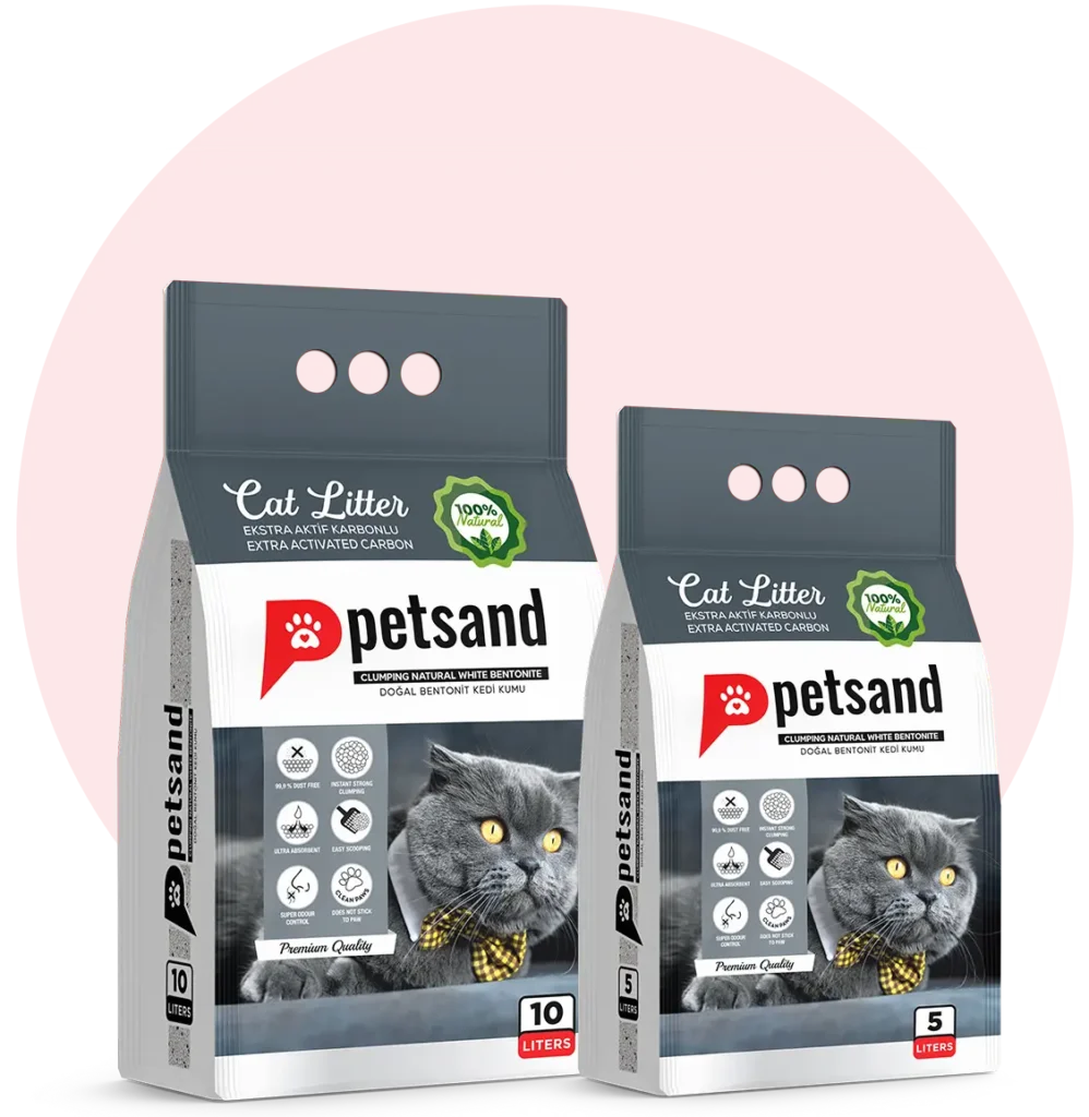 Sac de litière agglomérante anti odeur pour chat Petsand Charbon Actif 10 litres, bentonite naturelle blanche, particules de charbon actif, faible en poussière, idéale foyers multi-chats