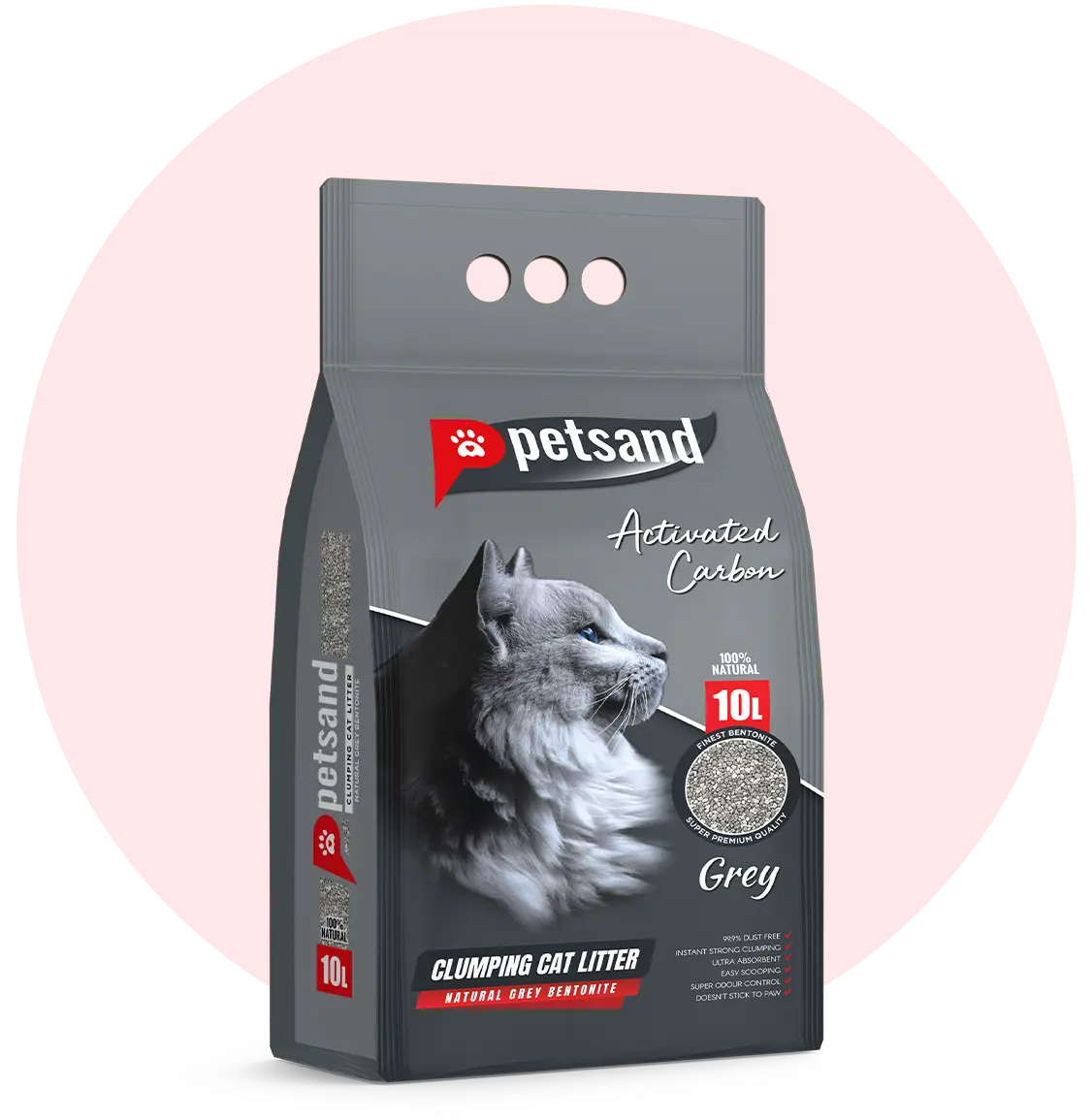 Sac de litière agglomérante anti odeur premium pour chat Petsand Extra Charbon Actif 10 litres, bentonite grise naturelle, concentration maximale en charbon actif, faible en poussière, idéale foyers multi-chats